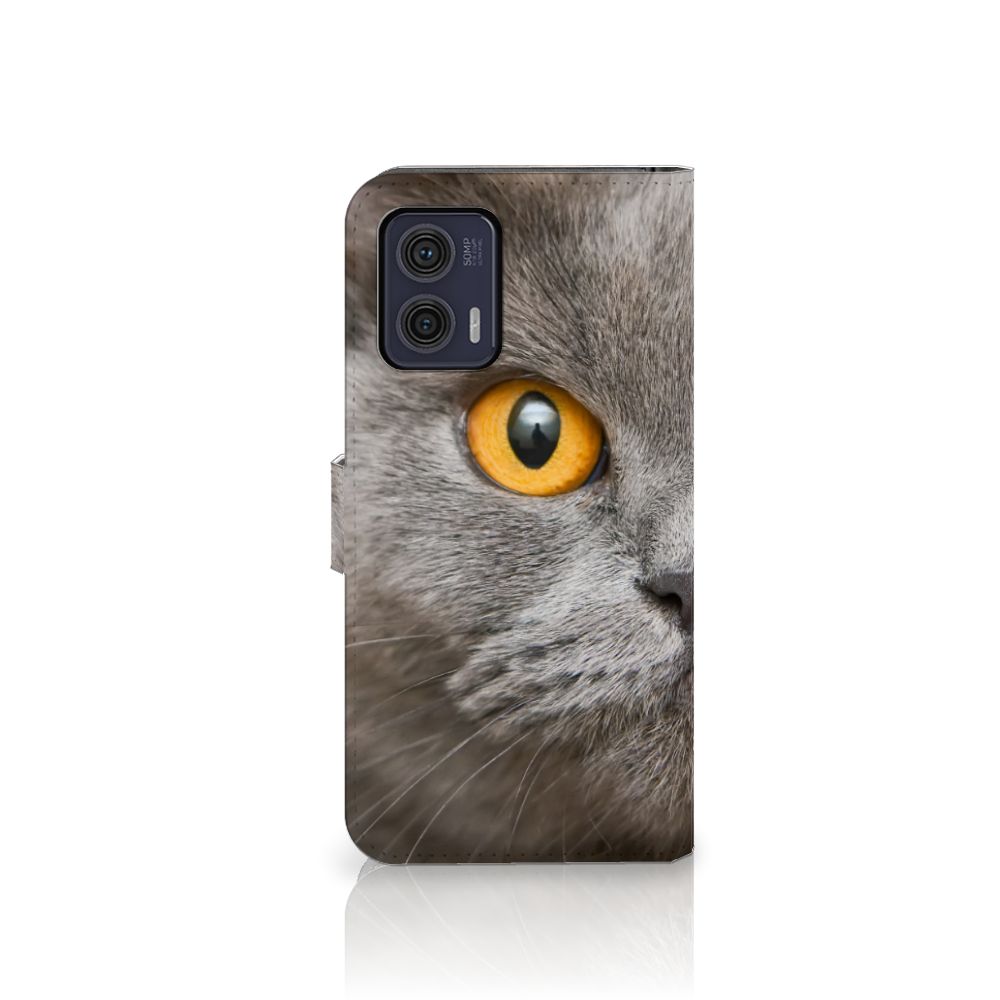 Telefoonhoesje met Pasjes Motorola Moto G73 Britse Korthaar met close-up van grijze kat met oranje ogen.