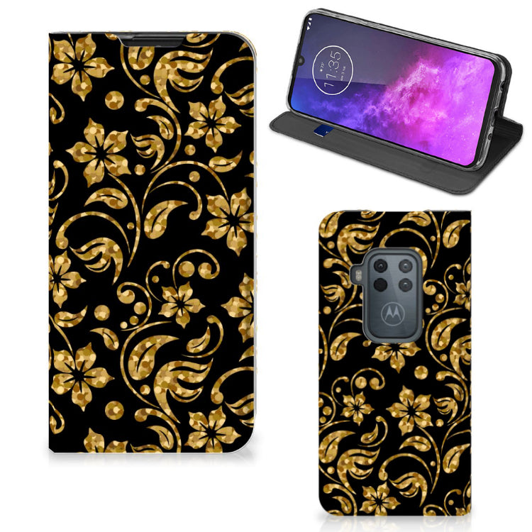 Motorola One Zoom Smart Cover Gouden Bloemen