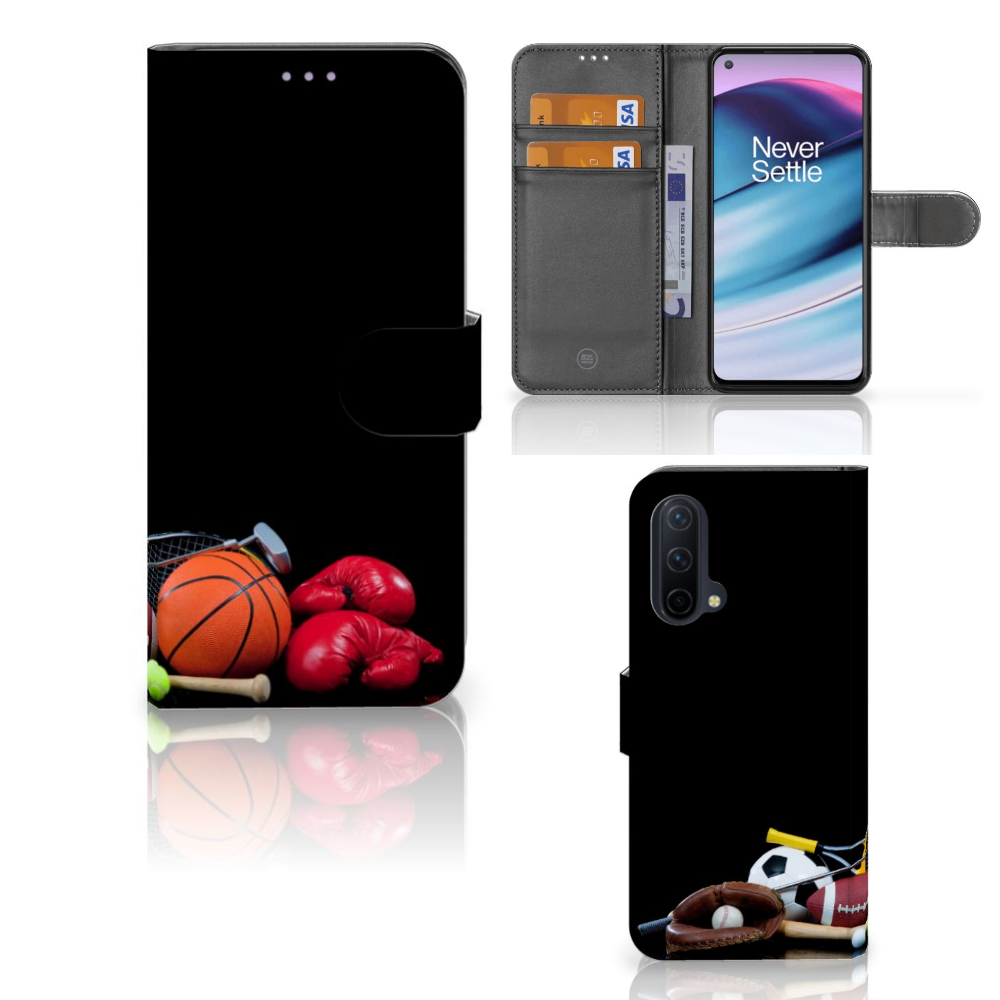 OnePlus Nord CE 5G Wallet Case met Pasjes Sports met sportaccessoires zoals een basketbal en bokshandschoenen.