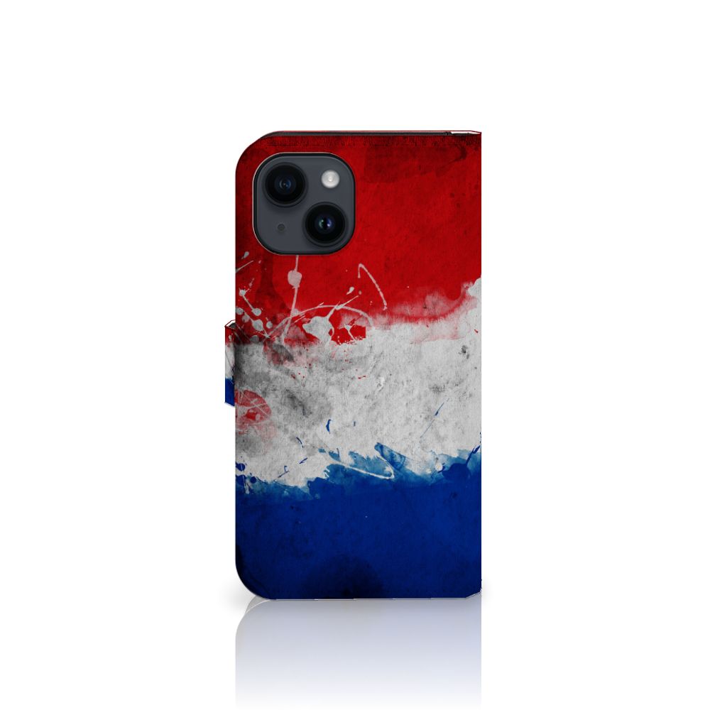 iPhone 15 Bookstyle Case Nederland met artistiek ontwerp van de Nederlandse vlag