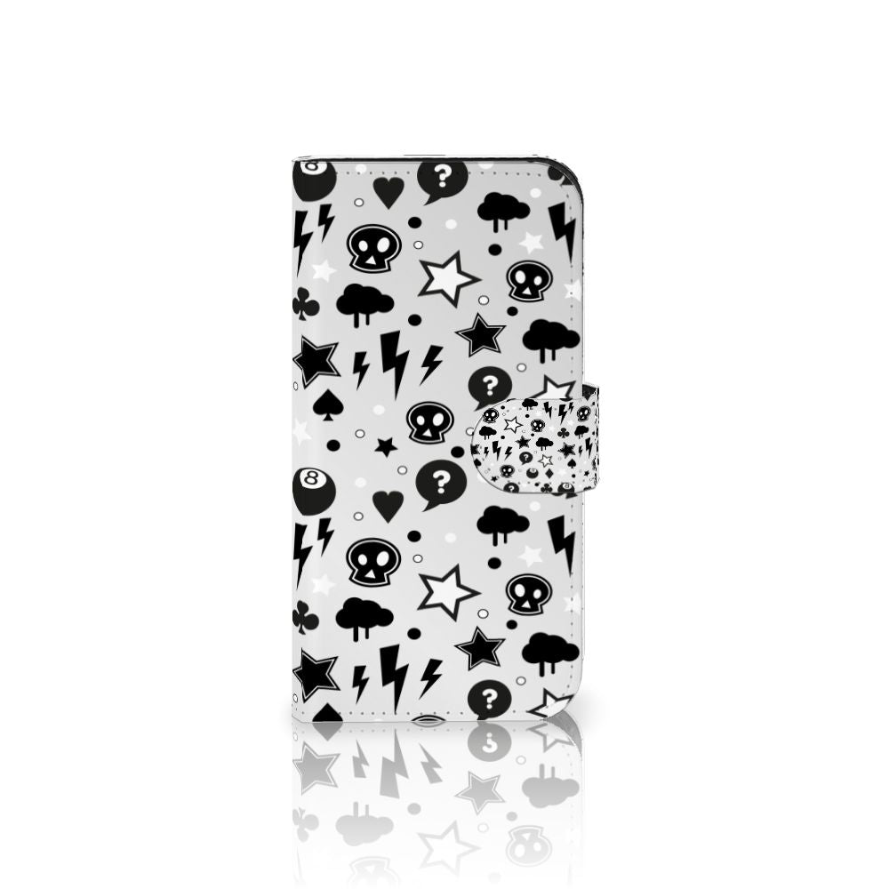 Telefoonhoesje met Naam iPhone 15 Pro Silver Punk met stoere zwart-wit design van sterren en bliksemflitsen.