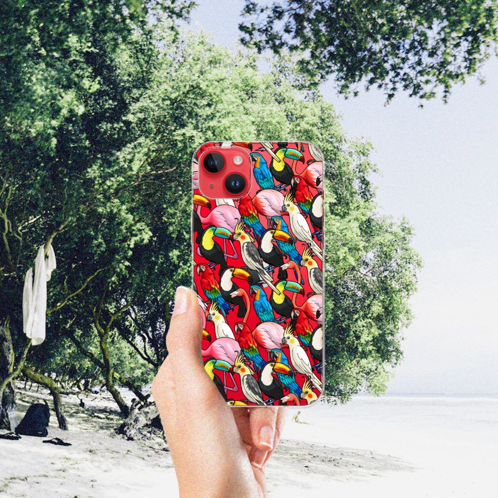 iPhone 14 Plus TPU Hoesje Birds met kleurrijke vogels op een tropische achtergrond 🌴