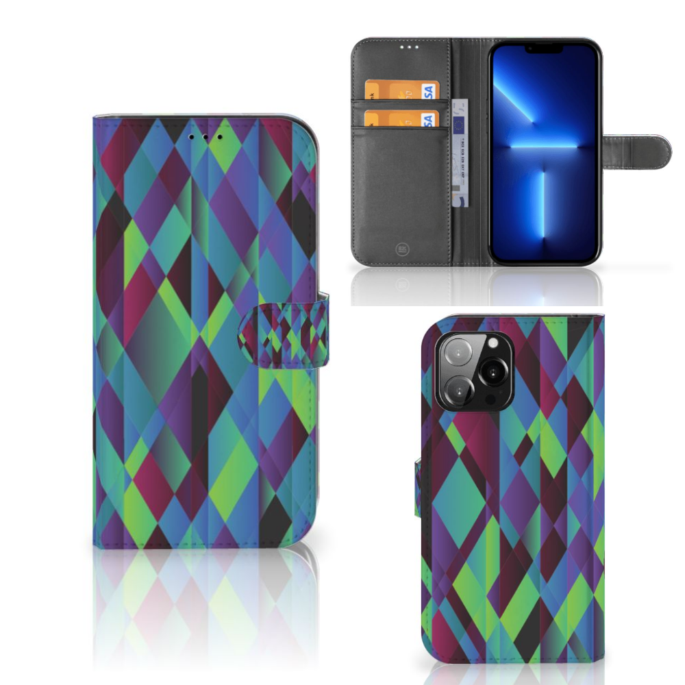 iPhone 13 Pro Max Book Case Abstract Green Blue met kleurrijk geometrisch design en ruimte voor kaarten.