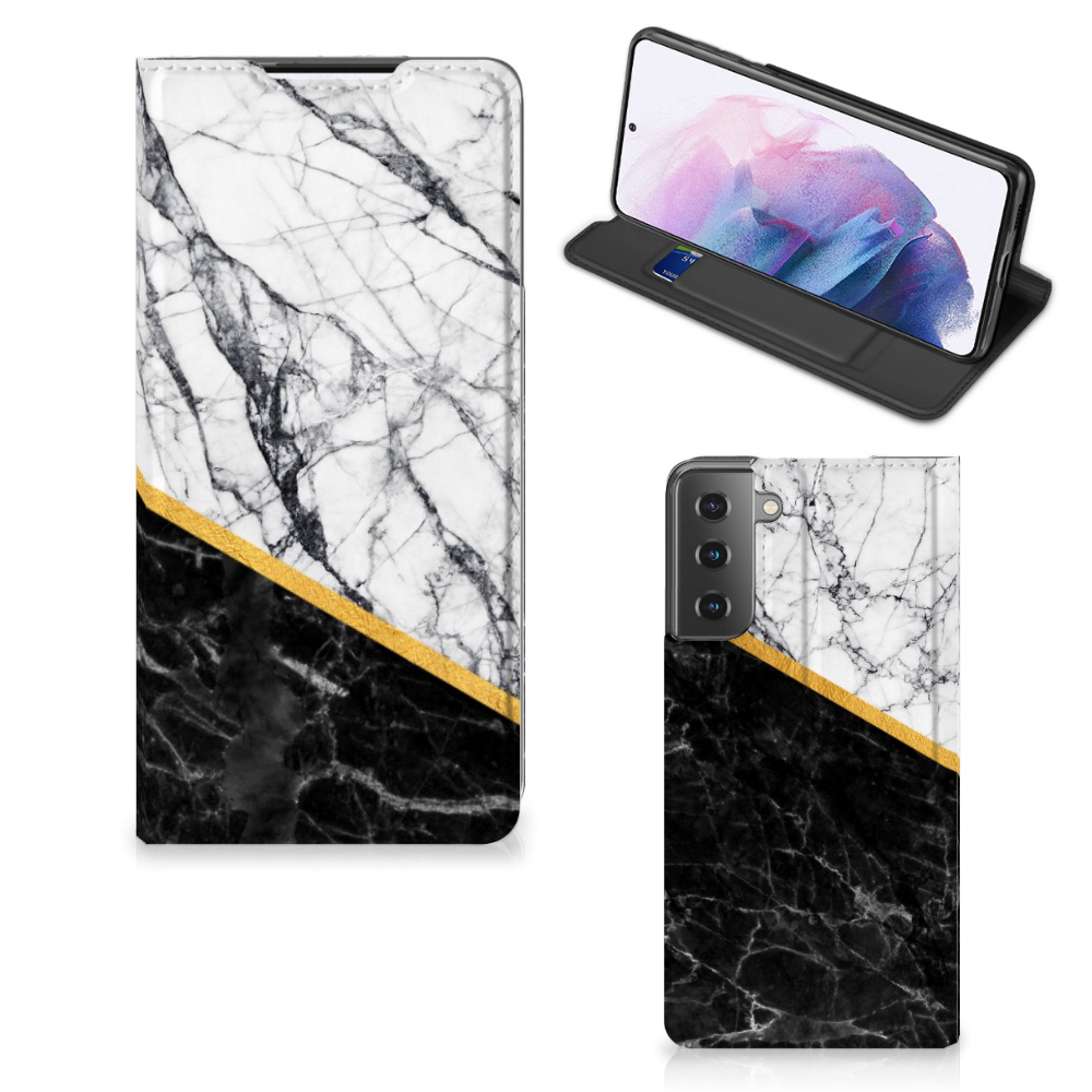 Samsung Galaxy S21 Plus Standcase Marmer Wit Zwart - Origineel Cadeau Man - B2C Telecom
