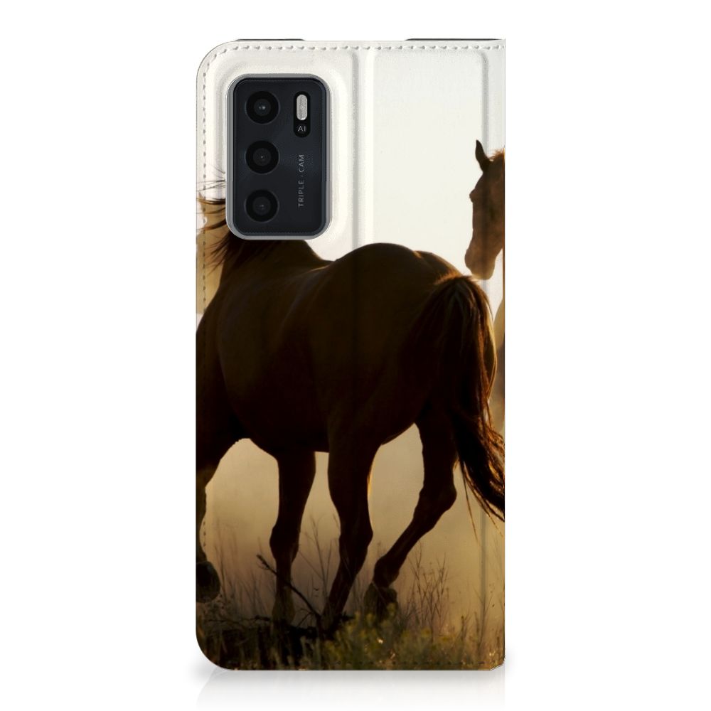 OPPO A54s | A16 | A16s Hoesje maken Design Cowboy met paardenprint achtergronden in zonsondergang.