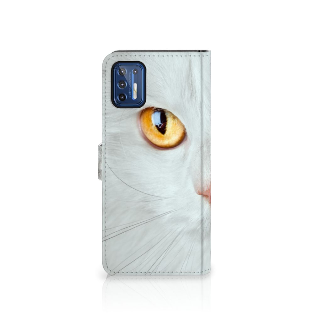 Motorola Moto G9 Plus Telefoonhoesje met Pasjes Witte Kat