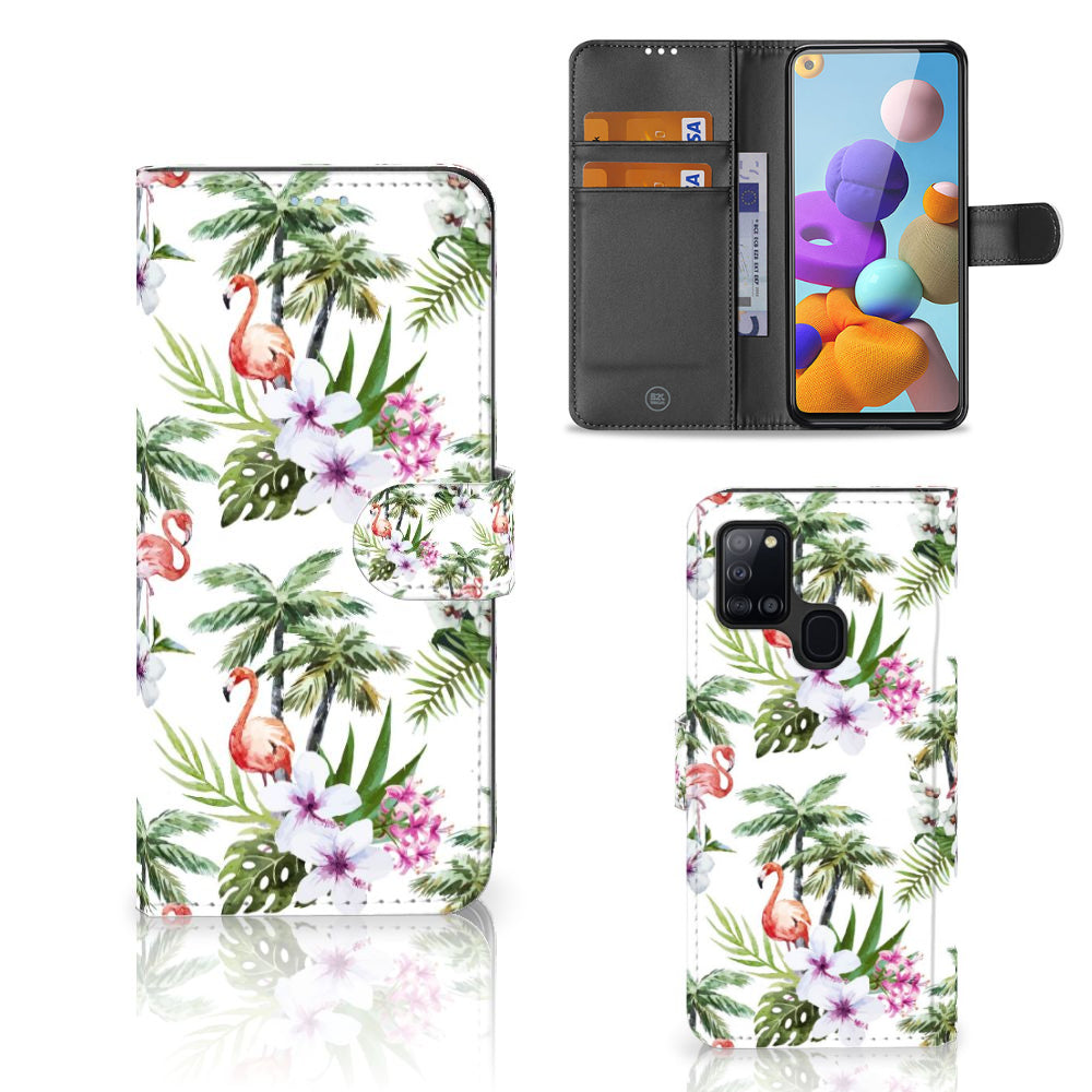 Samsung Galaxy A21s Telefoonhoesje met Pasjes Flamingo Palms