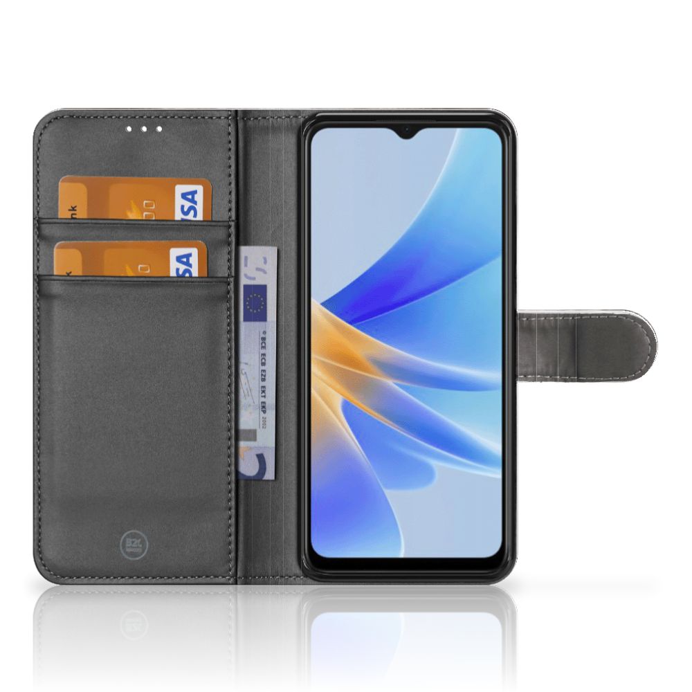 Telefoonhoesje met Pasjes OPPO A17 Britse Korthaar, zwart met ruimte voor pasjes en smartphone.