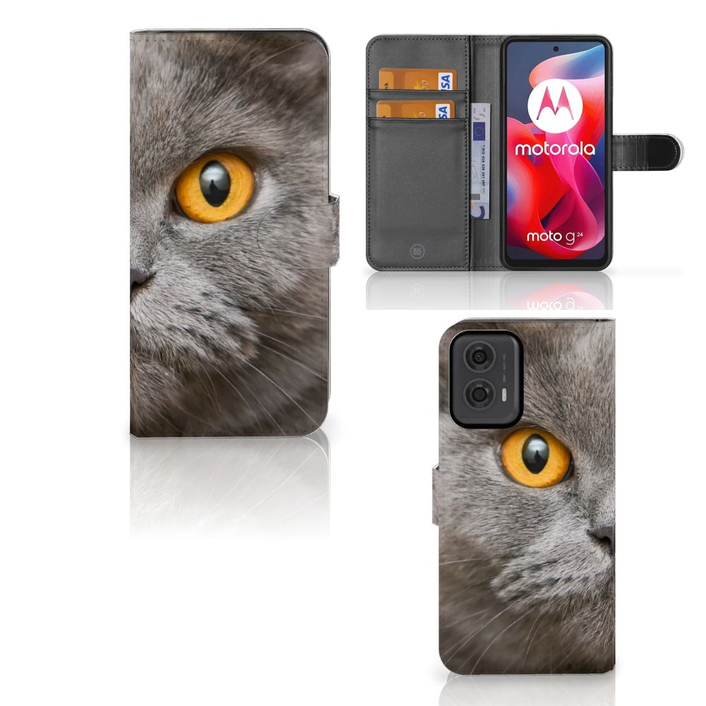 Telefoonhoesje met Pasjes Motorola Moto G24 | G04 | G24 Power Britse Korthaar met afbeelding van Britse korthaar kat.