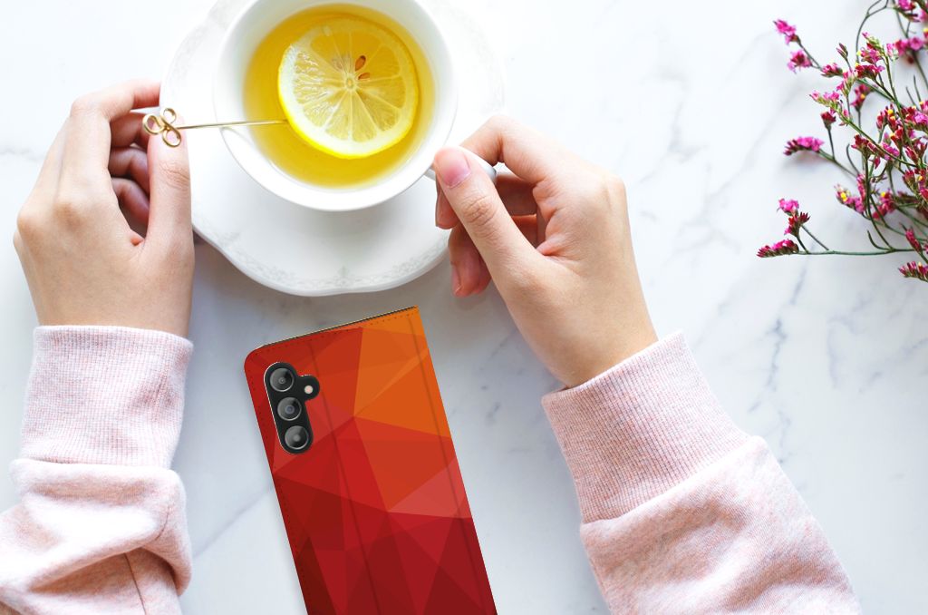 Stand Case voor Samsung Galaxy A14 4G Polygon Red met abstracte vormen en een kopje thee.