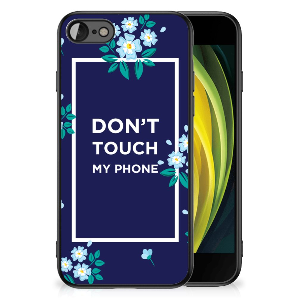 iPhone SE 2022 | SE 2020 | 7/8 Telefoon Hoesje Flowers Blue DTMP met bloemen en tekst Don't Touch My Phone