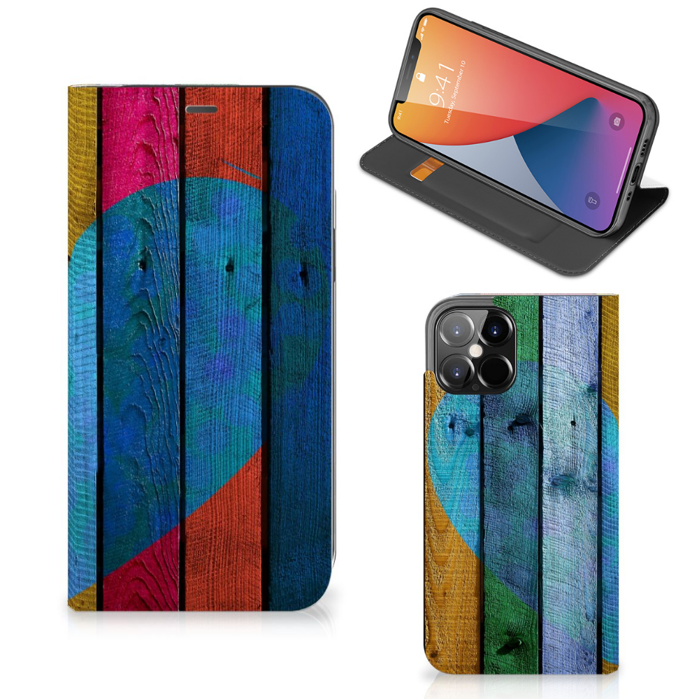 iPhone 12 Pro Max Book Wallet Case Wood Heart - Cadeau voor je Vriend - B2C Telecom