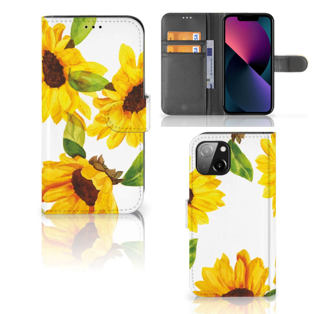 Hoesje voor Apple iPhone 13 Zonnebloemen met een zonnig bloemen design en ruimte voor drie pasjes.