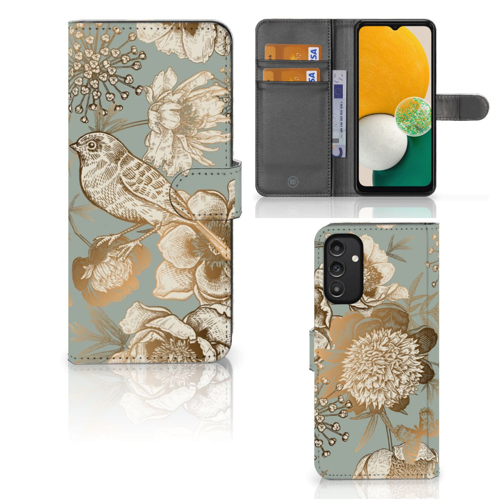 Hoesje voor Samsung Galaxy A14 4G Vintage Bird Flowers met bloemen en vogels, ruimte voor drie pasjes.