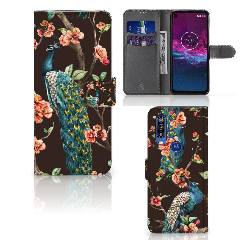 Motorola One Action Telefoonhoesje met Pasjes Pauw met Bloemen