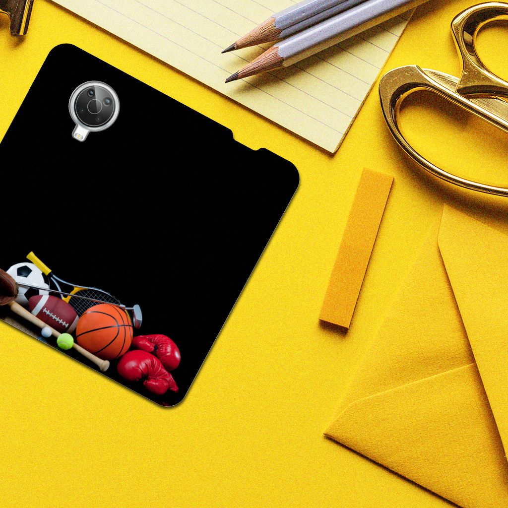 Nokia G10 | G20 Hippe Standcase Sports design featuring various sports equipment like basketball, football, and boxing gloves.