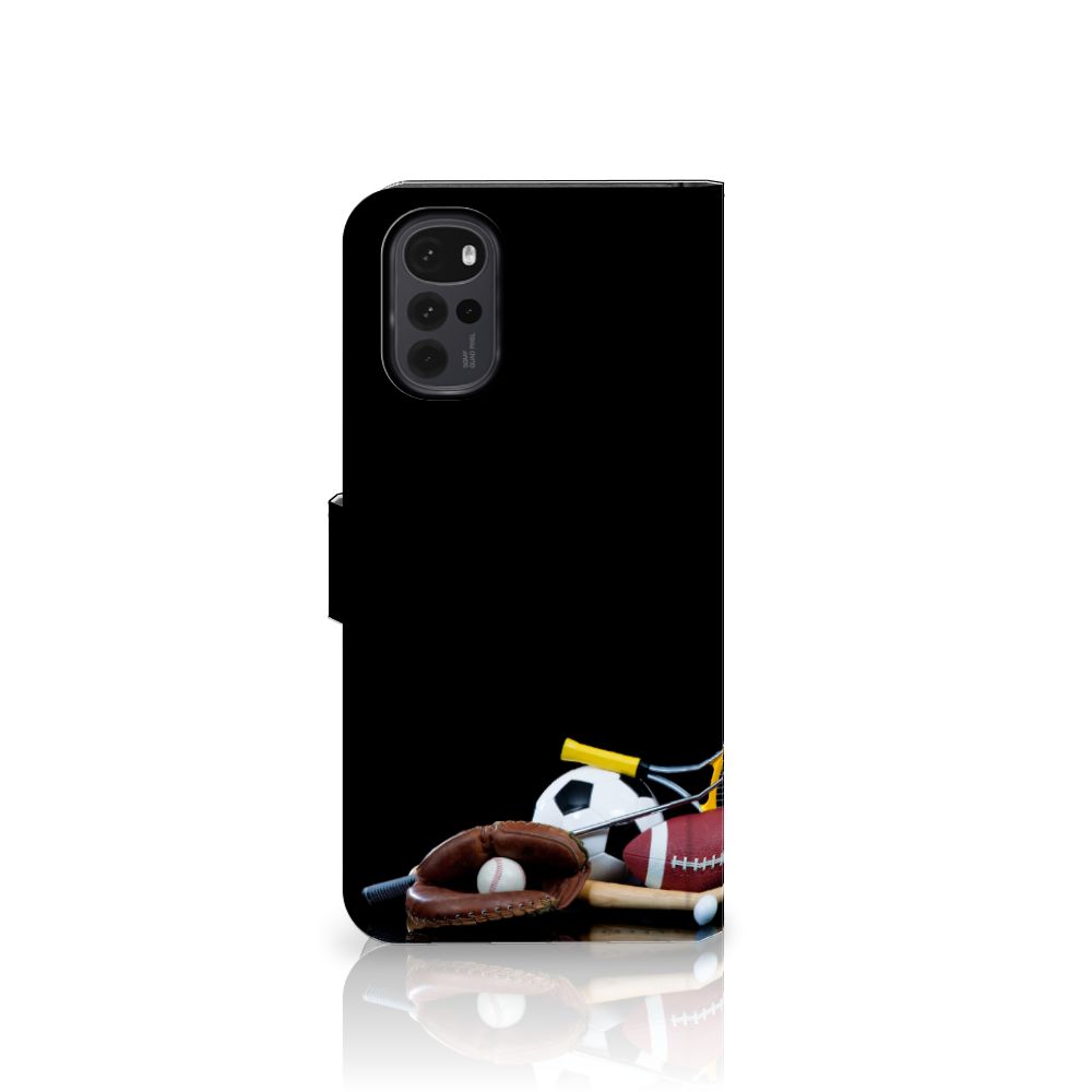 Motorola Moto G22 Wallet Case met Pasjes Sports met sportuitrusting en print op zwarte achtergrond