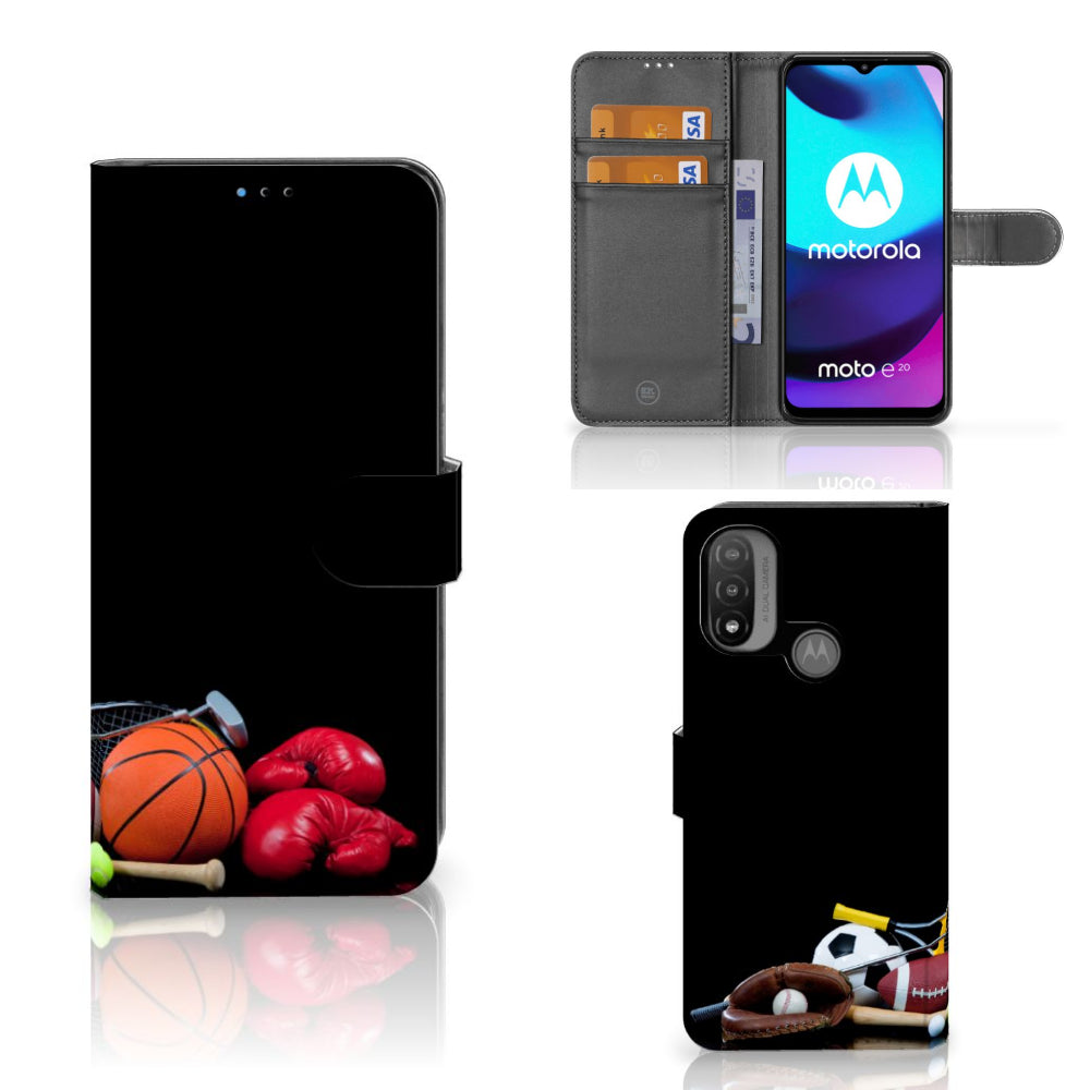 Motorola Moto E20 | E30 | E40 Wallet Case met Pasjes Sports with vivid sports-themed design including basketball and boxing.