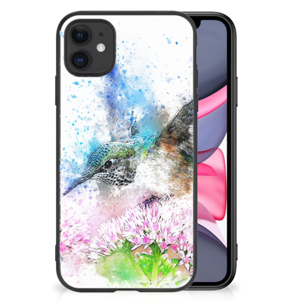 Kleurrijke Telefoonhoesje iPhone 11 Vogel met watercoloring print van een kolibrie en bloemen.