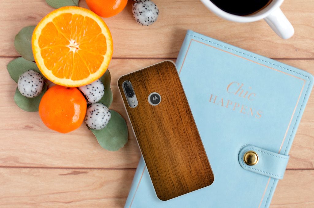 Motorola Moto E6 Plus Bumper Hoesje Donker Hout