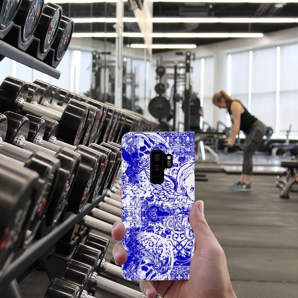 Mobiel BookCase Samsung Galaxy S9 Plus Angel Skull Blauw