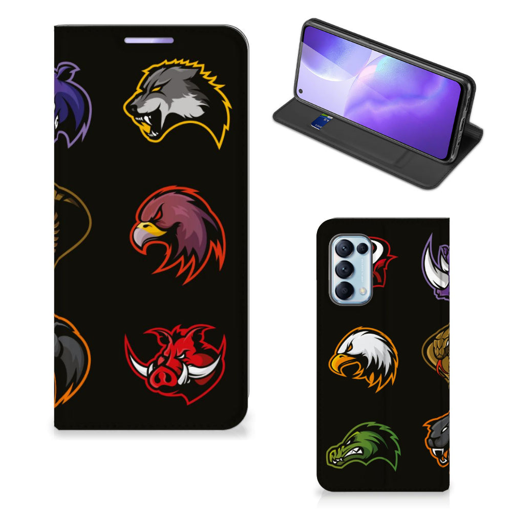 OPPO Find X3 Lite Magnet Case Cartoon met kleurrijke dierenprints op een zwarte achtergrond.