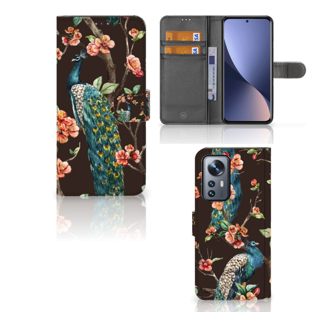 Xiaomi 12 Pro Telefoonhoesje met Pasjes Pauw met Bloemen