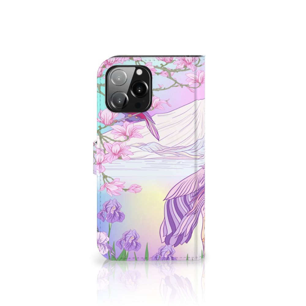 iPhone 13 Pro Max Telefoonhoesje met Pasjes Bird met kleurige pauw en bloemen in roze en paarse tinten 🌸.