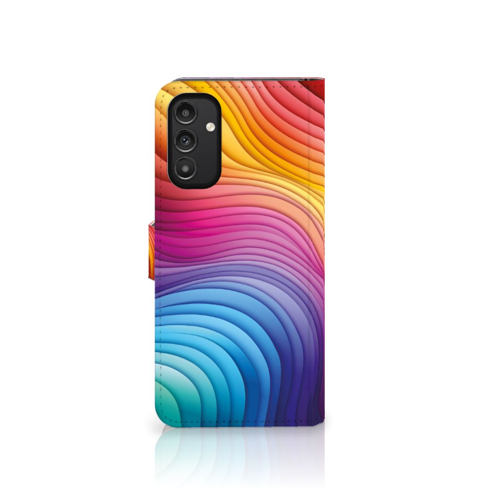 Book Case voor Samsung Galaxy A14 5G Regenboog met een kleurrijk golfdesign in pastelkleuren.