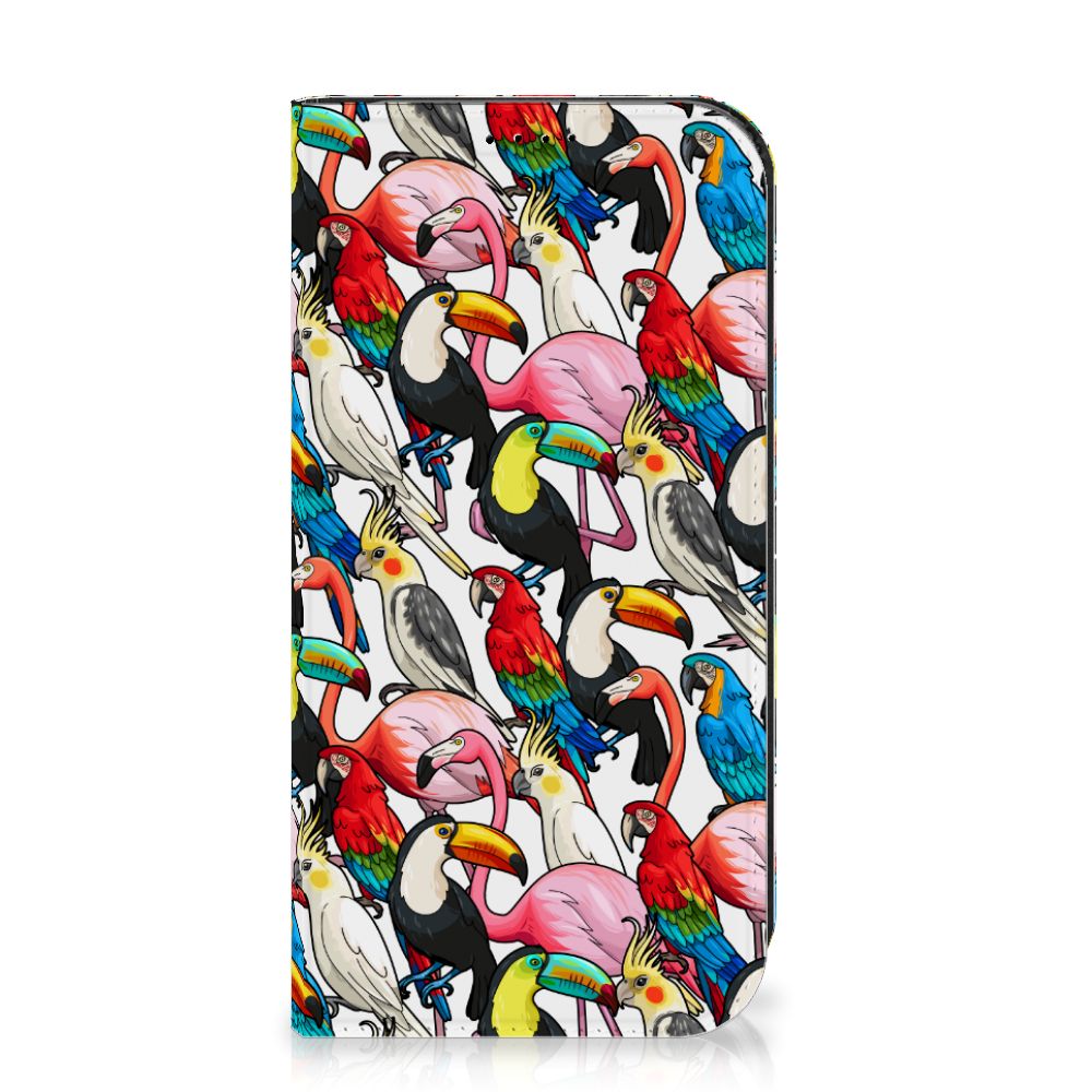 iPhone 15 Pro Hoesje maken Birds met kleurrijke vogels zoals toekans, flamingo’s en papegaaien 🦜 op een witte achtergrond.