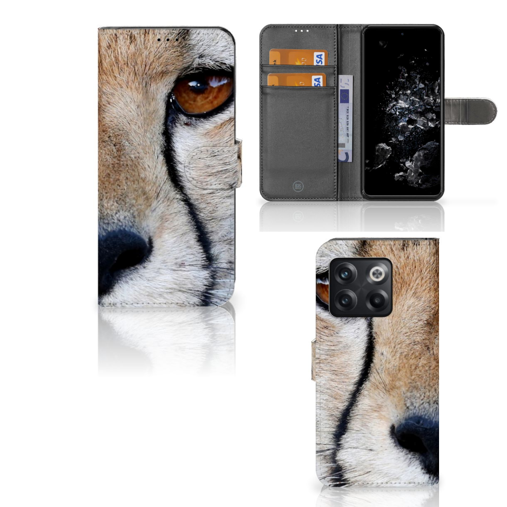 OnePlus 10T Telefoonhoesje met Pasjes Cheetah met een close-up van de cheeta en ruimte voor 3 pasjes.