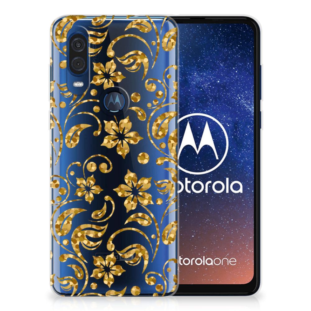 Motorola One Vision TPU Case Gouden Bloemen