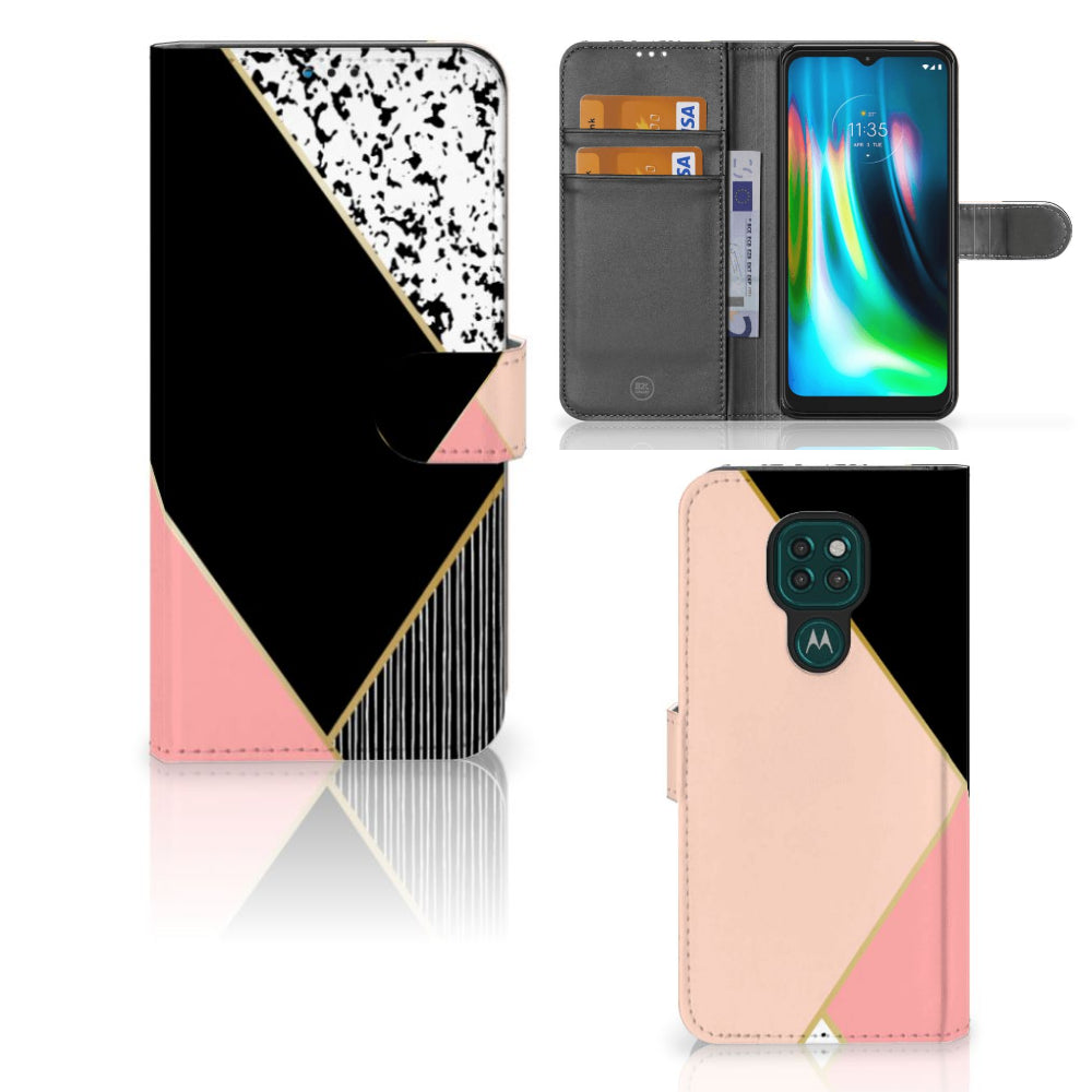 Motorola Moto G9 Play | E7 Plus Book Case Zwart Roze Vormen