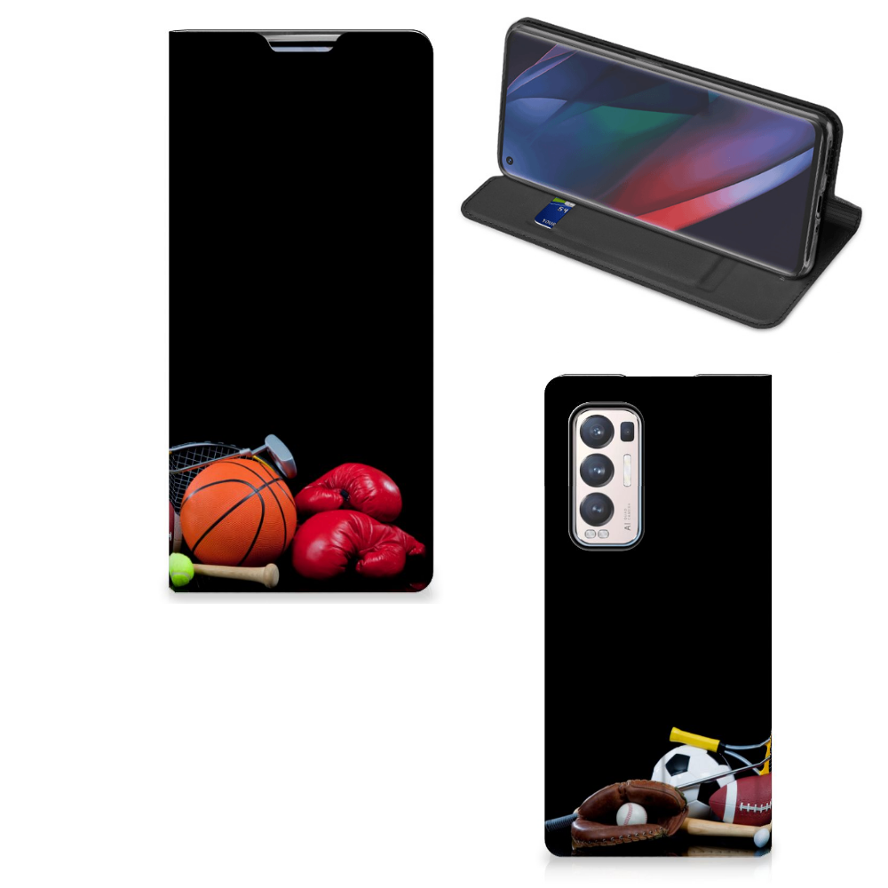 OPPO Find X3 Neo Hippe Standcase Sports design with sports equipment including basketball and boxing gloves.