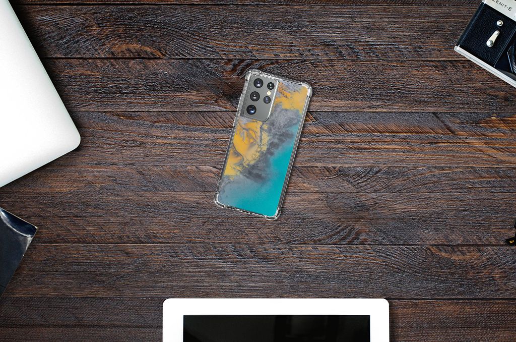 Samsung Galaxy S21 Ultra Anti-Shock Hoesje Marble Blue Gold B2C Telecom
