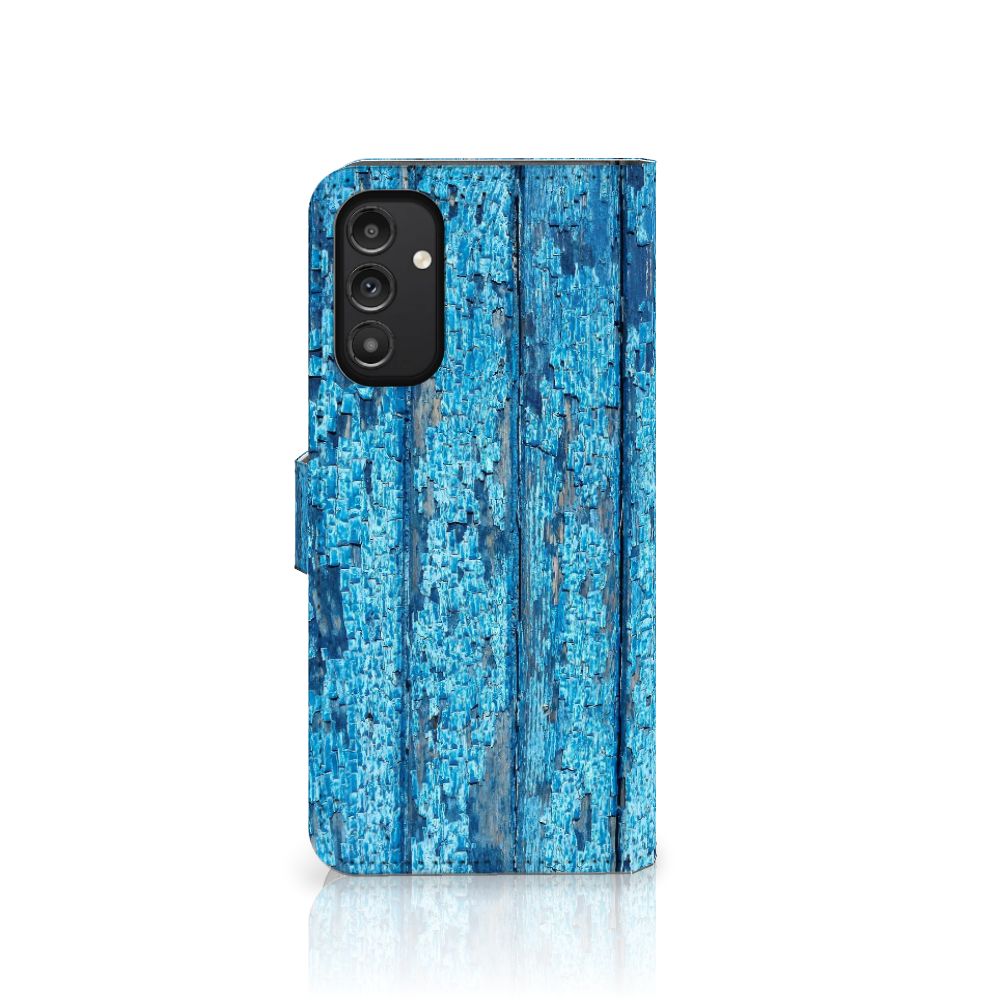 Samsung Galaxy A14 4G Book Style Case Wood Blue in blue distressed wood design.