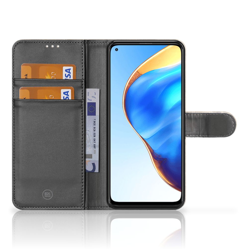 Xiaomi Mi 10T Pro | Mi 10T Bookcase Marmer Creme met pasjes en telefoon in luxe kunstleren hoes.