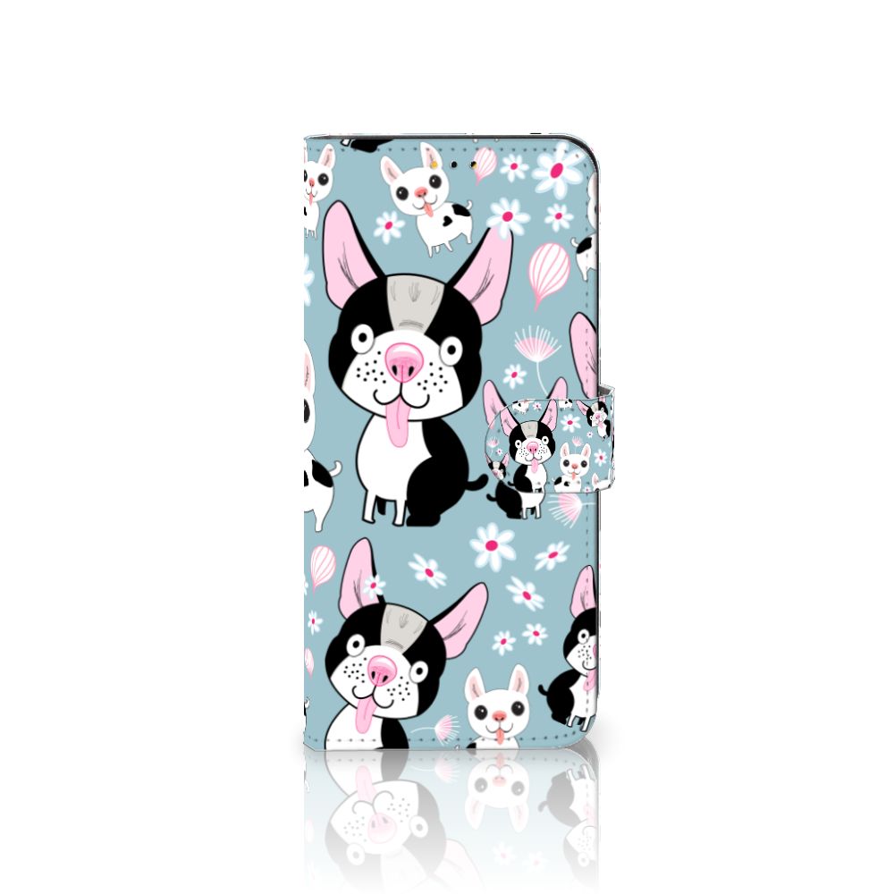 Samsung Galaxy A14 5G Telefoonhoesje met Pasjes Hondjes met cartoon hondjes op een blauwe achtergrond.