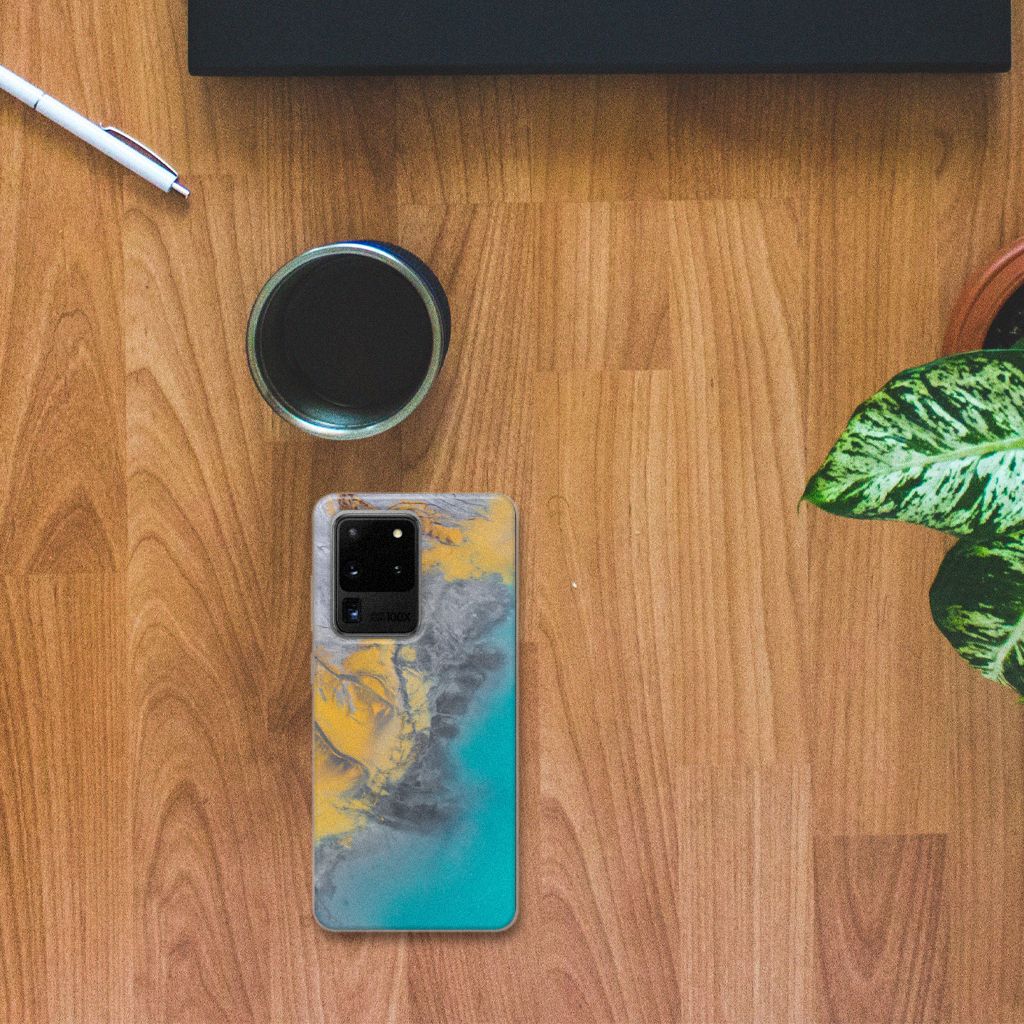Samsung Galaxy S20 Ultra TPU Siliconen Hoesje Marble Blue Gold B2C Telecom