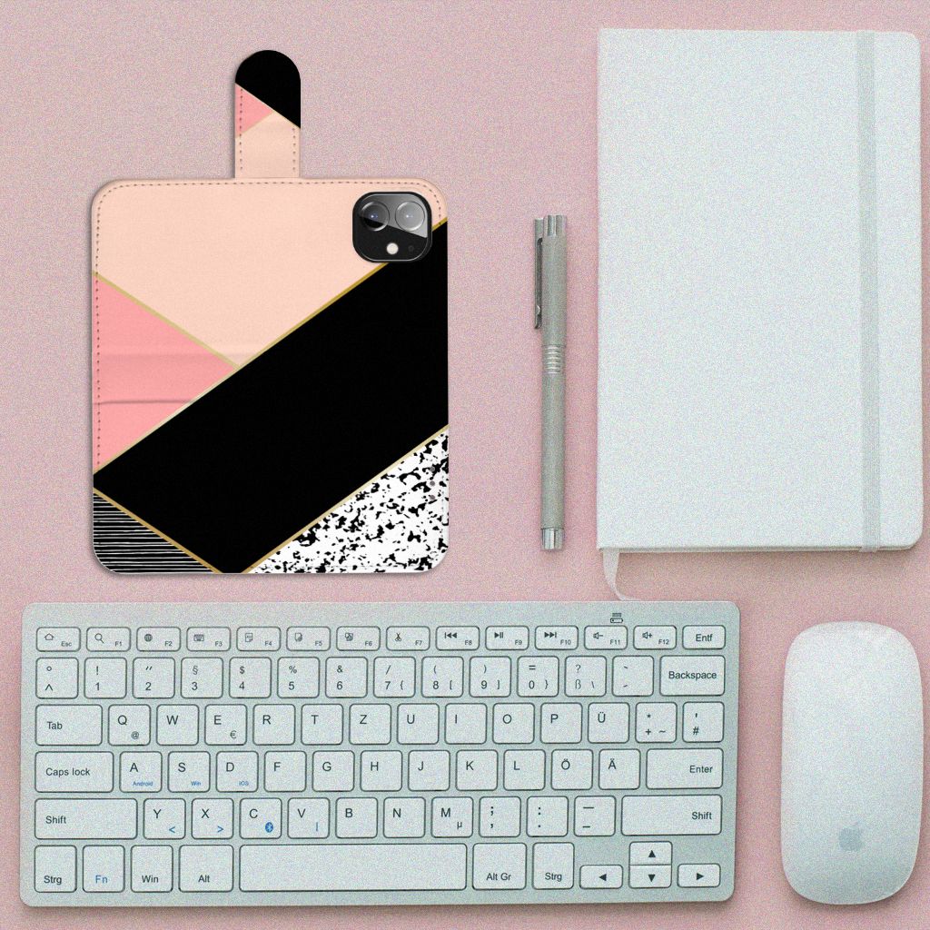 Apple iPhone 12 Mini Book Case Zwart Roze Vormen