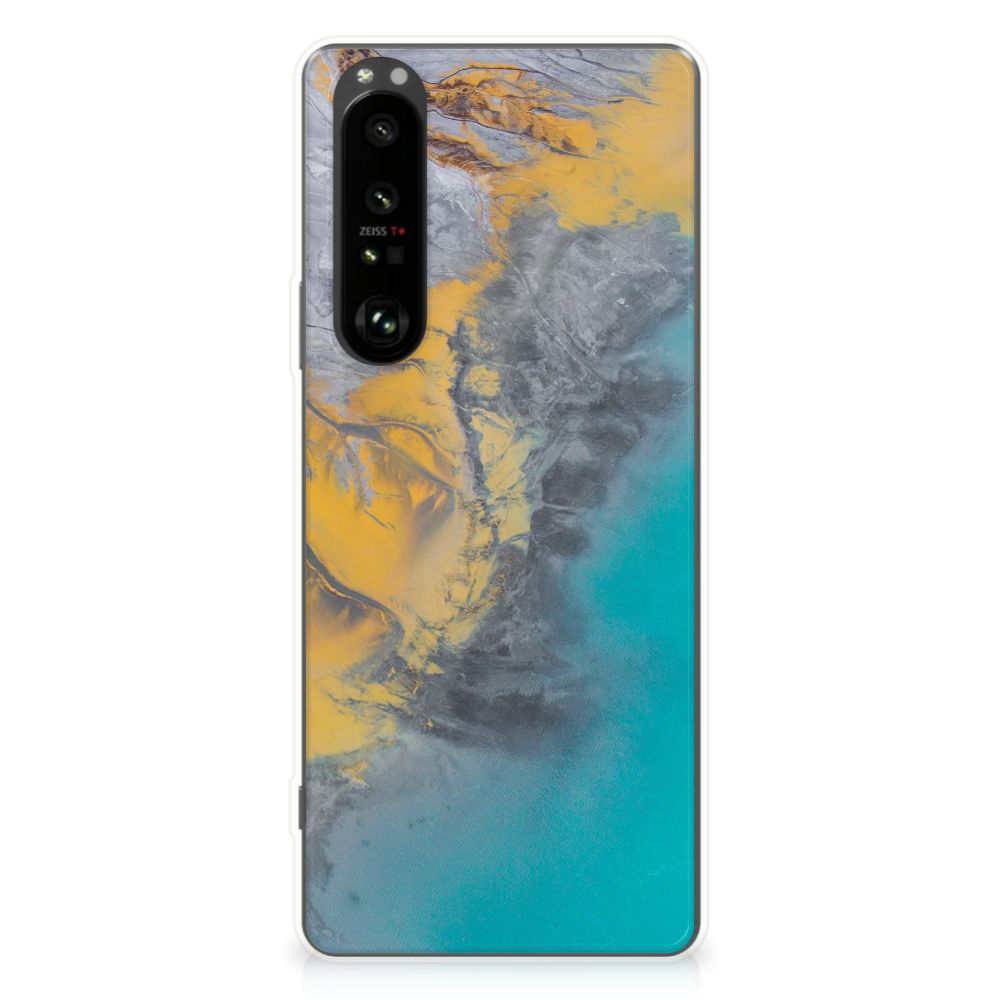 Sony Xperia 1 III TPU Siliconen Hoesje Marble Blue Gold