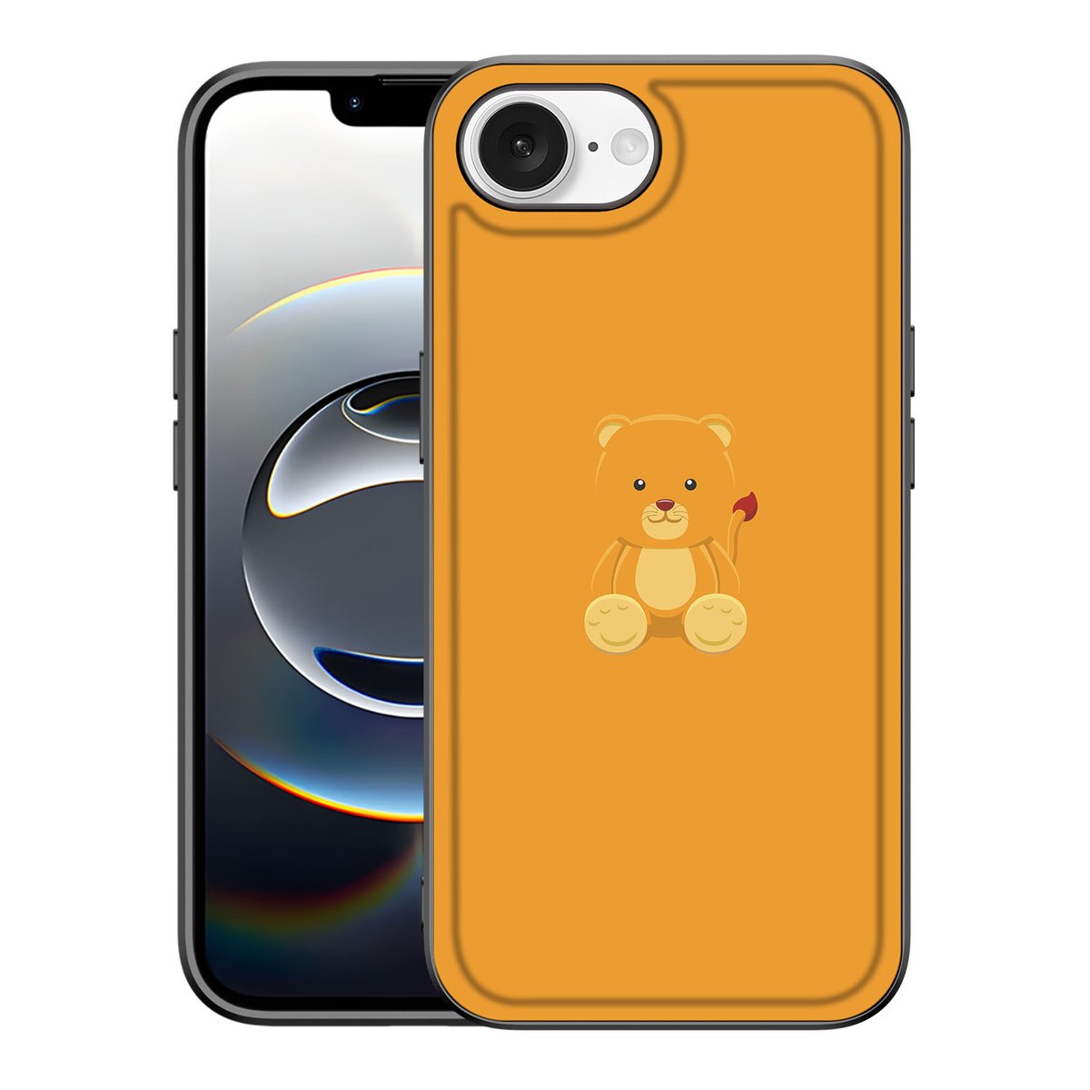 iPhone 16e Hoesje Baby Beer met schattige beer illustratie op een oranje achtergrond