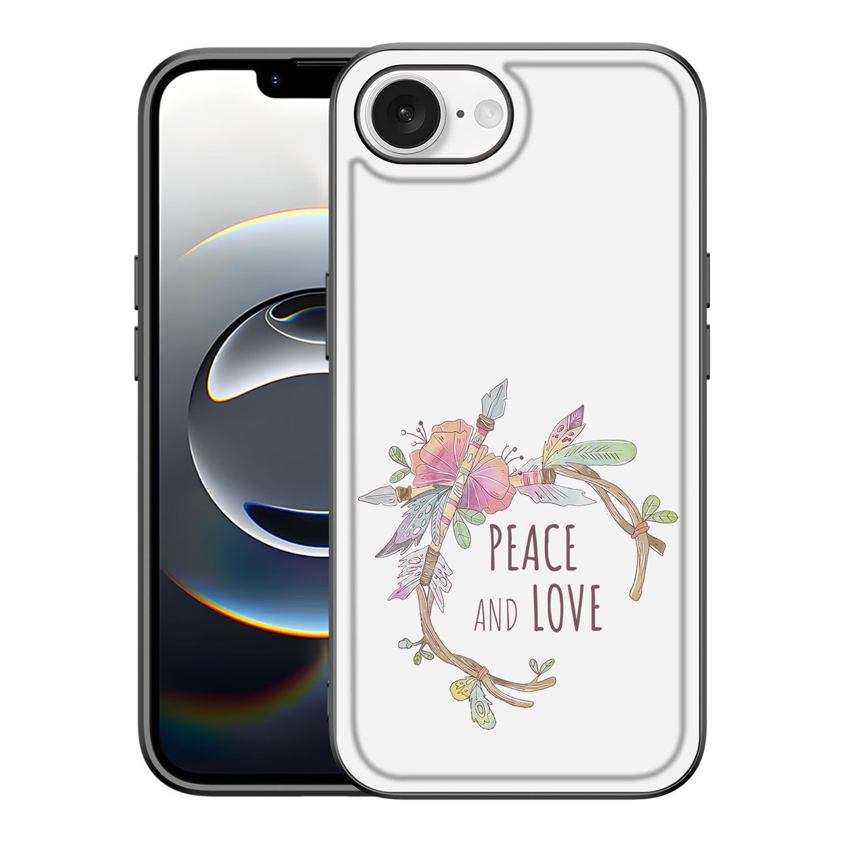 iPhone 16e Hoesje Boho Text met illustratie van bloemen en de tekst 'Peace and Love' op een transparant back cover.