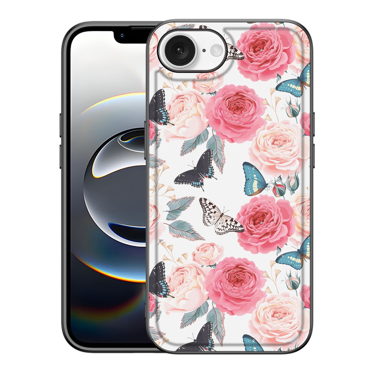 iPhone 16e Bloemen Hoesje Butterfly Roses met bloemen en vlinders op een TPU back cover.