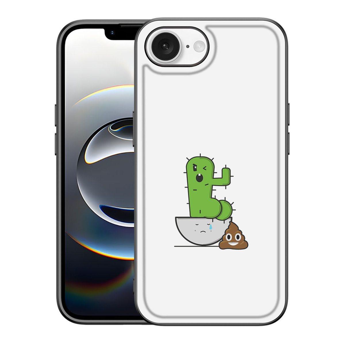 iPhone 16e Hoesje Cactus Poo met een cactus en poep illustratie op een transparant back cover.