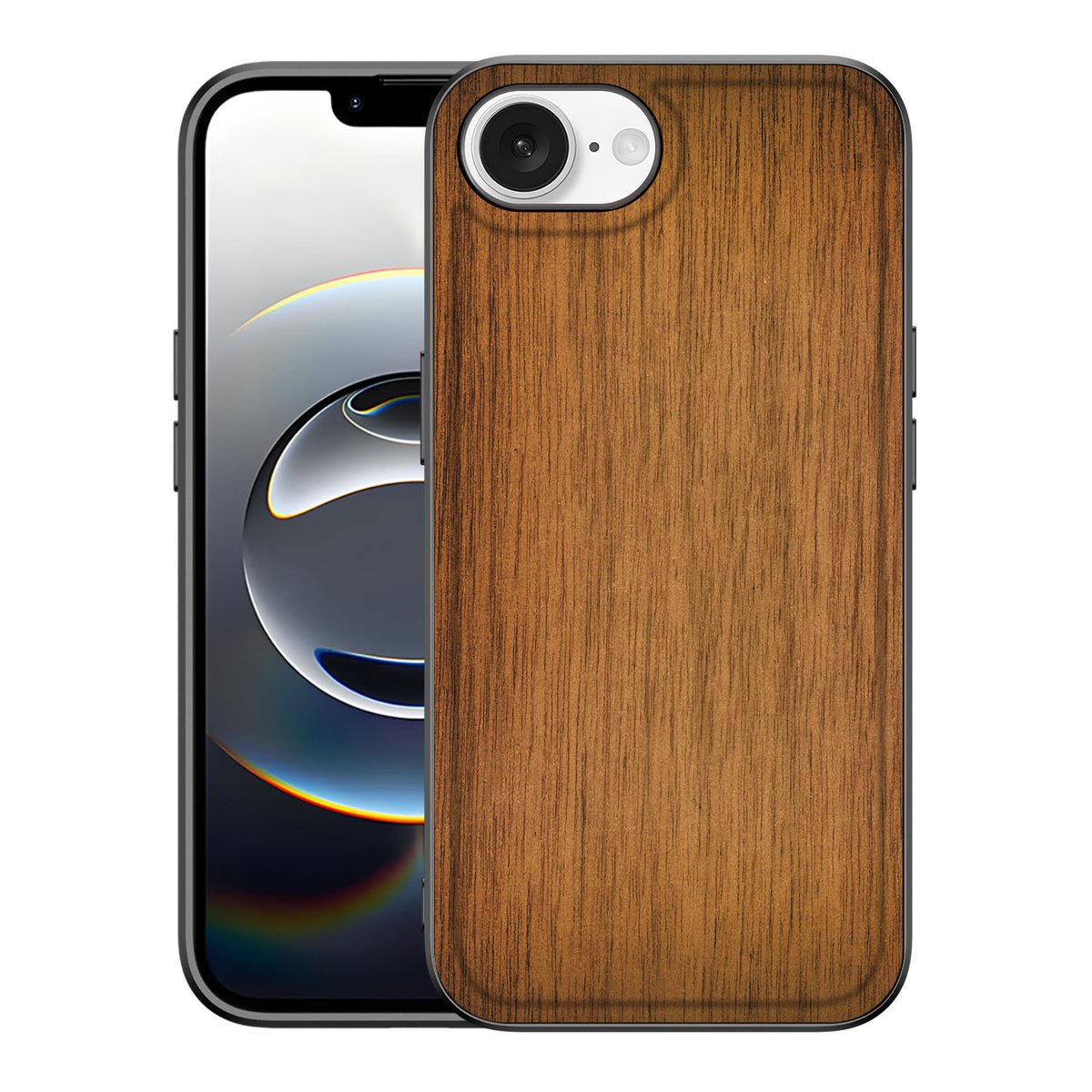 iPhone 16e Houten Print Telefoonhoesje Donker Hout met een houtnerf design en zwarte randen.