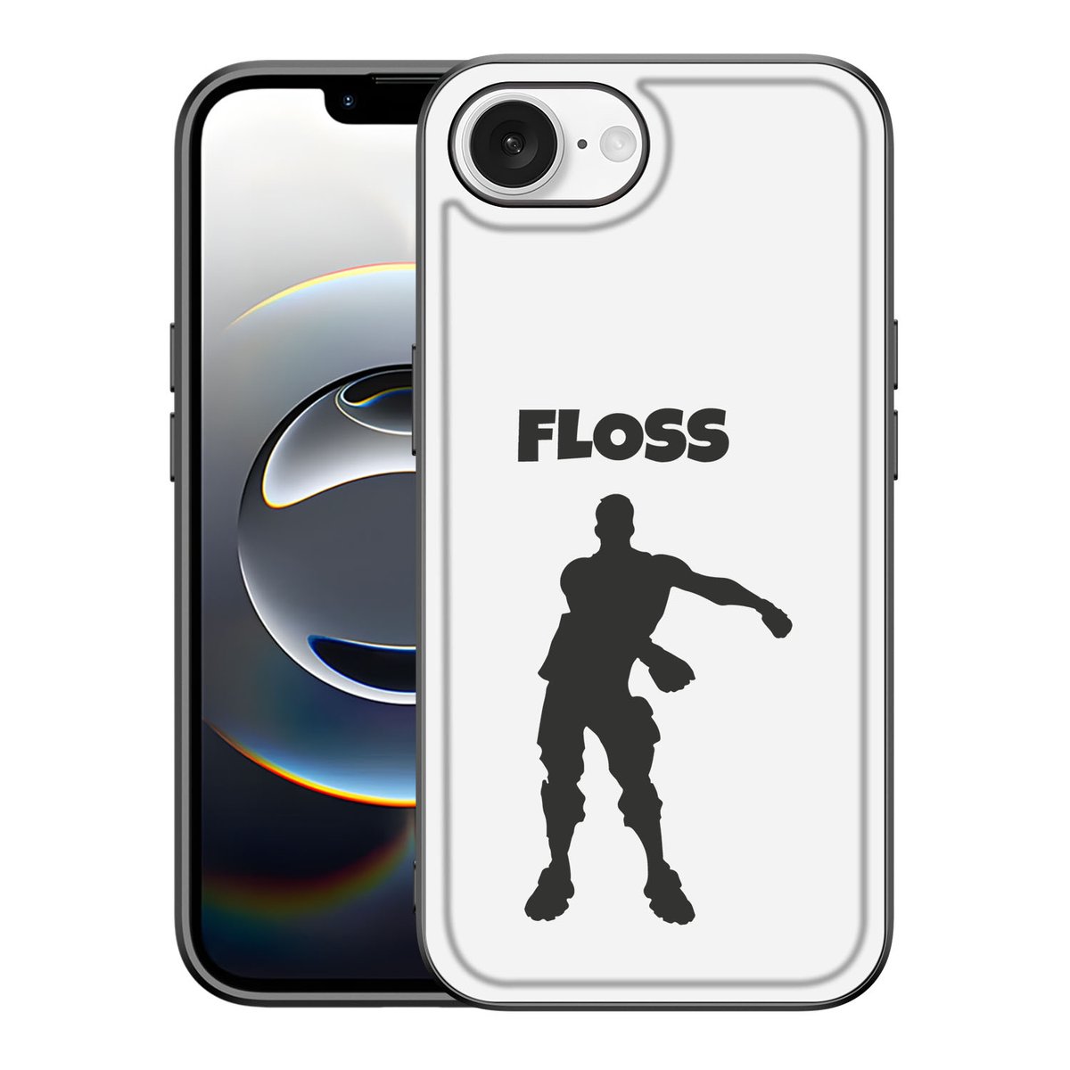 iPhone 16e Hoesje Floss met silhouet van danser en stijlvolle illustratie op achtergrond.