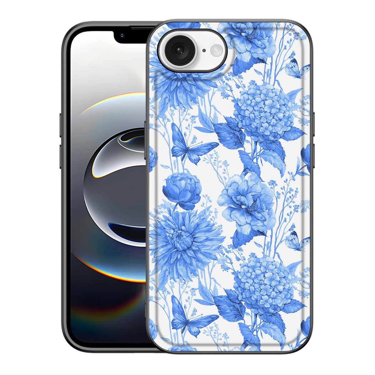 Bloemen Hoesje voor iPhone 16e Flowers Blue met prachtige blauwe bloemenprint en vlinders.