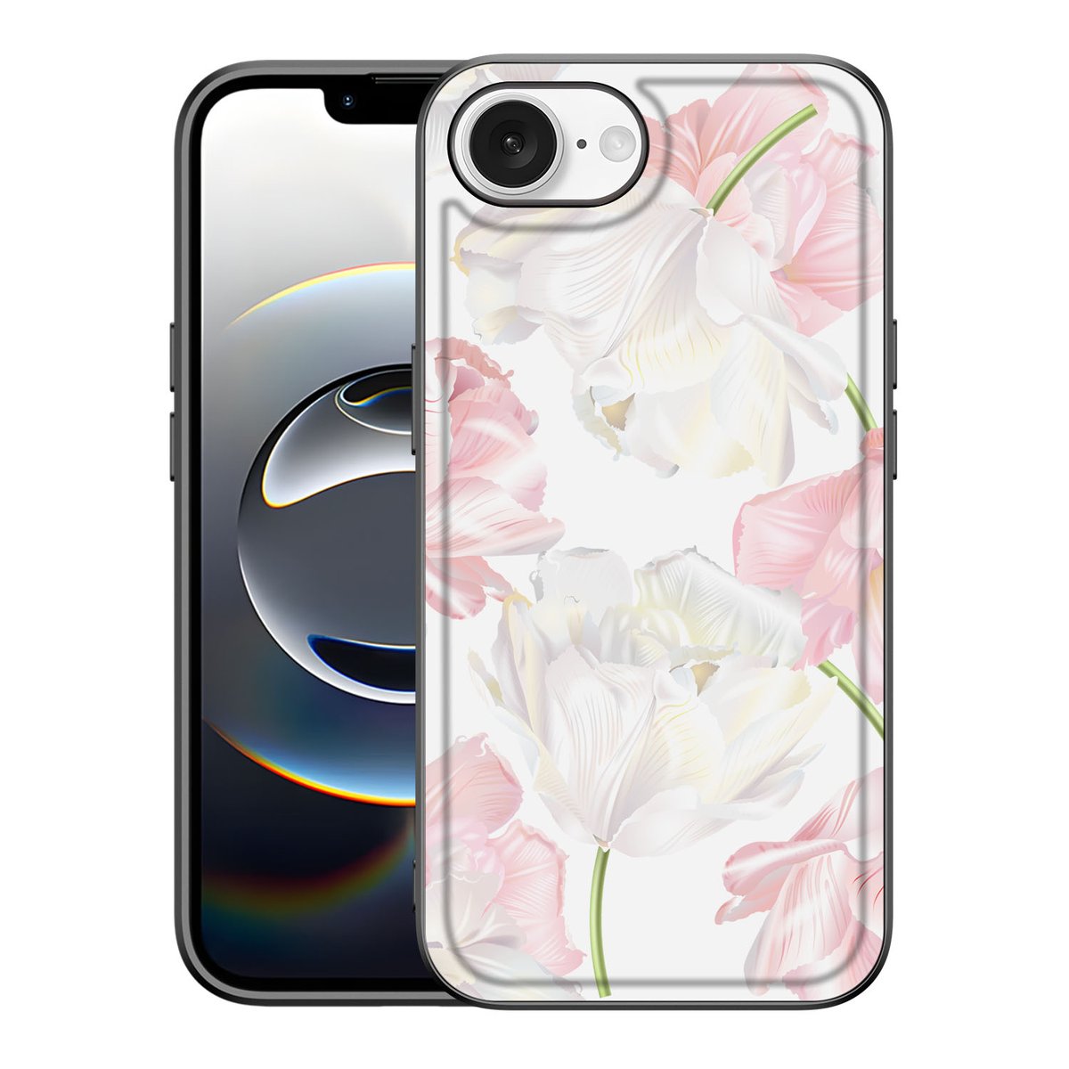 iPhone 16e Bloemen Hoesje Lovely Flowers met bloemenprint en zwart randdesign