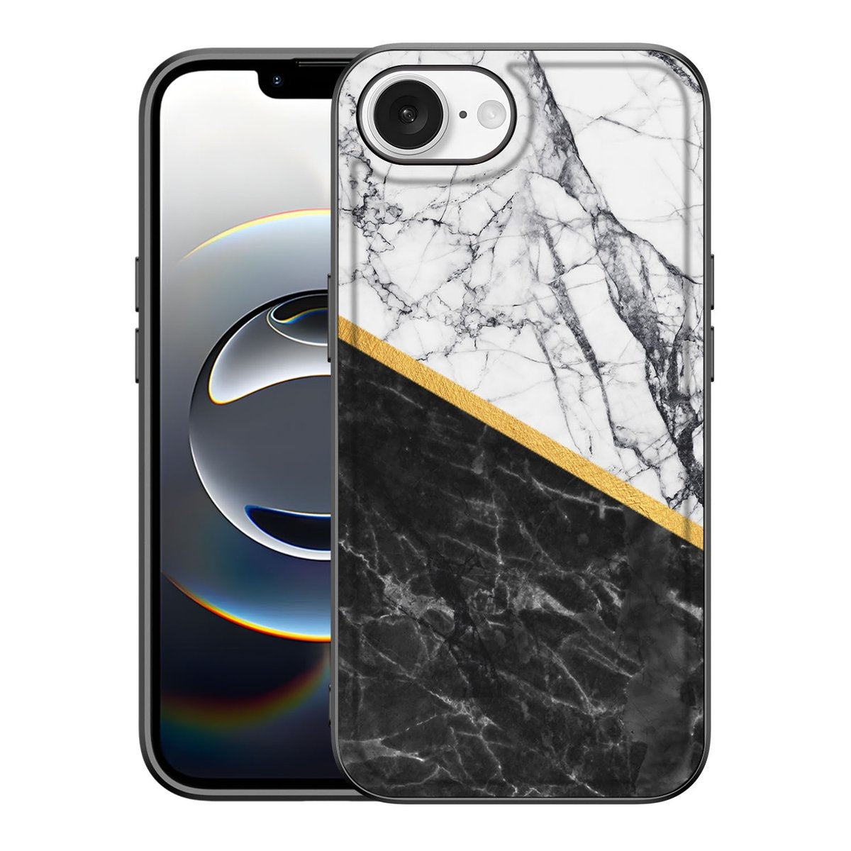 iPhone 16e Marmeren Print Telefoonhoesje Marmer Wit Zwart - Origineel Cadeau Man met unieke stenen print en zwarte randen